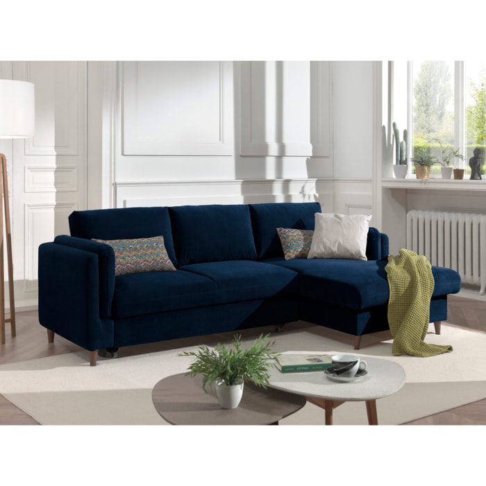 Brooke - canapé d'angle droit - convertible avec coffre - 4 places - en velours - Bleu nuit