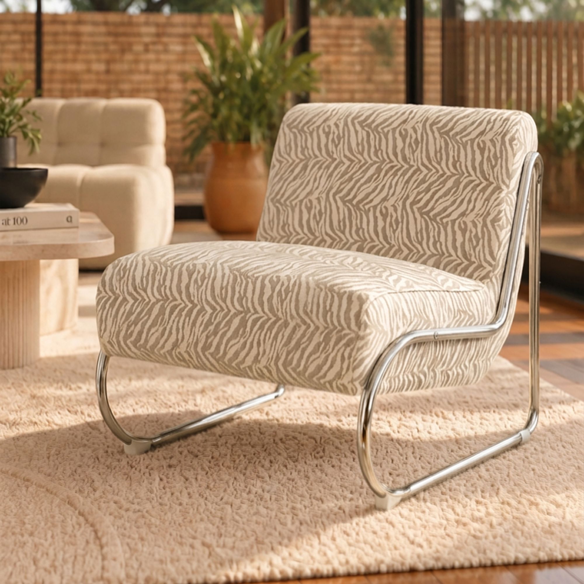 Fauteuil en tissu chenille et pied en métal tigré HELIO
