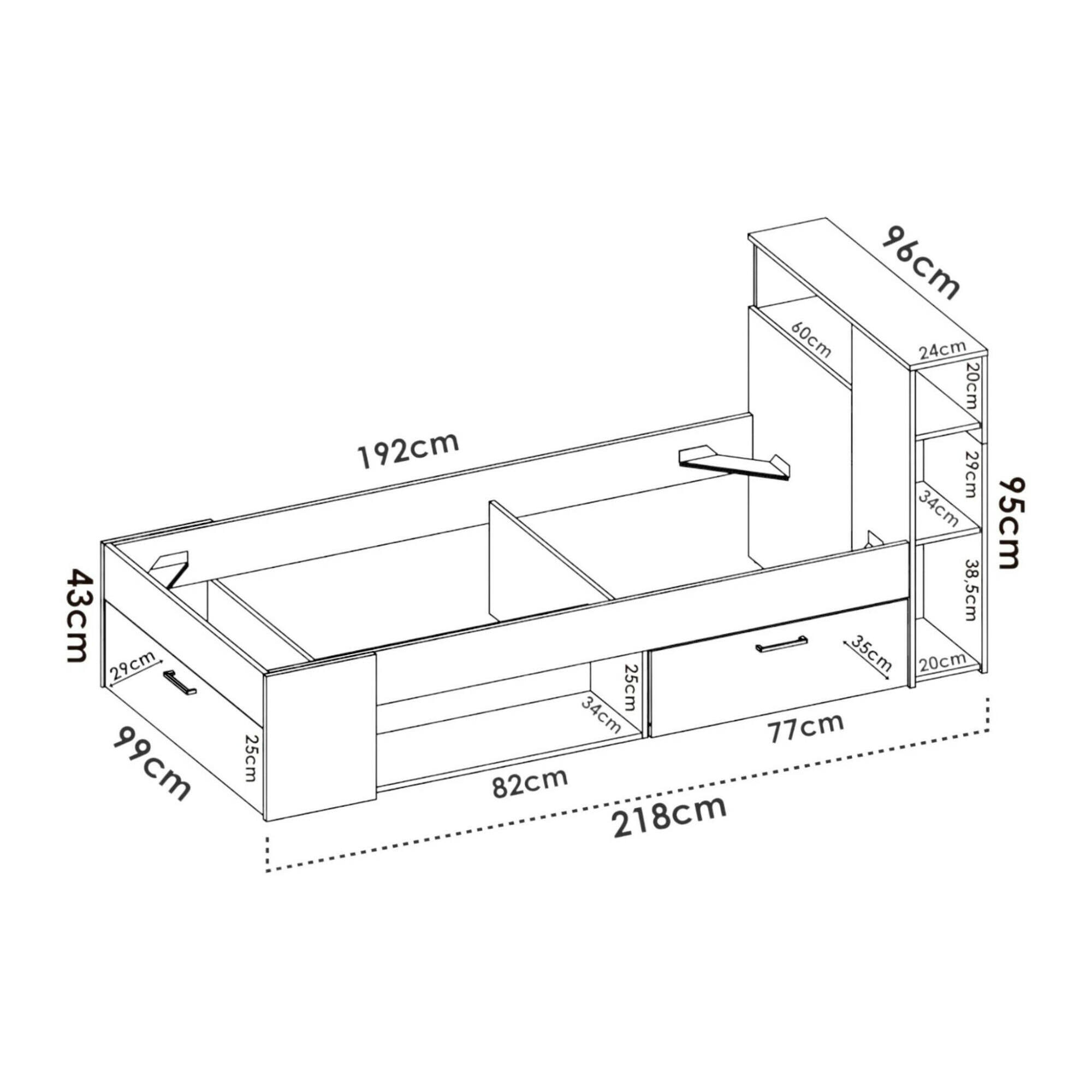 Letto per bambini Cristallo, Lettino per cameretta con testiera, Struttura per letto singolo con cassetto e scaffali, 218x99h96 cm, Rovere e Antracite