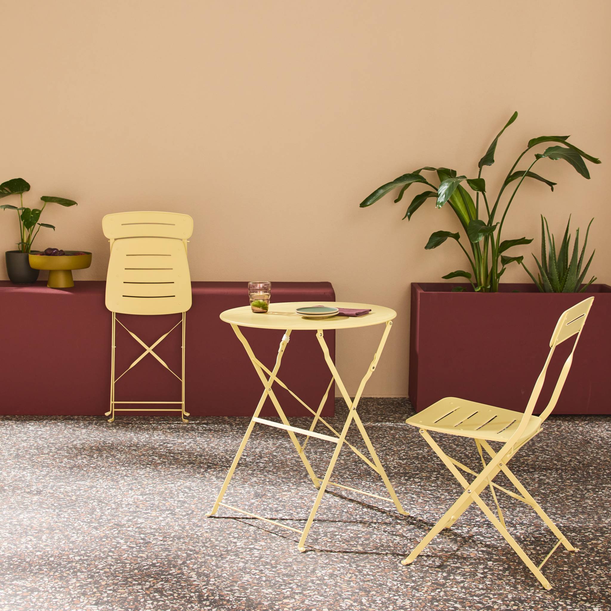 Table de jardin bistrot pliante ronde acier + 2 assises BALCONEA