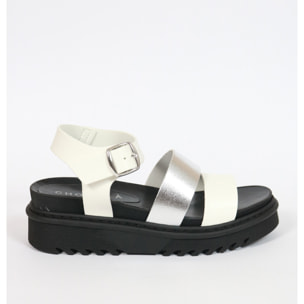 SANDALO FLATFORM TRE FASCE CHOCOLA' BIANCO E ARGENTO