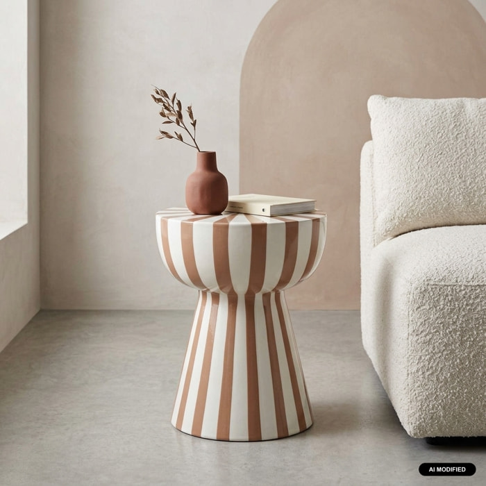 Table d'appoint, bout de canapé, table de chevet, acier émaillé rayures bicolores Ø34 x H41cm ZIGGY