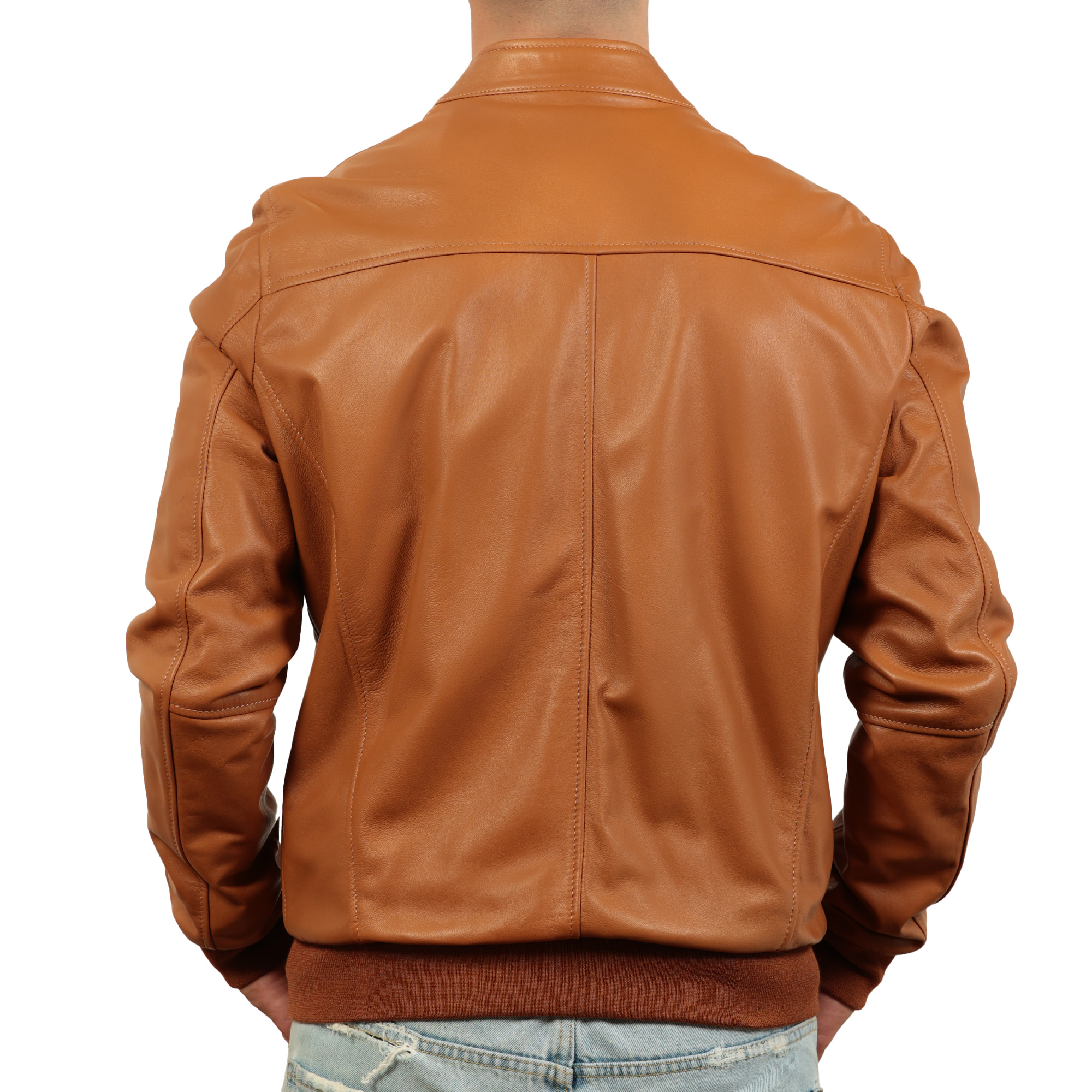 Giubbino in vera pelle di vitello color cuoio-Slim Fit