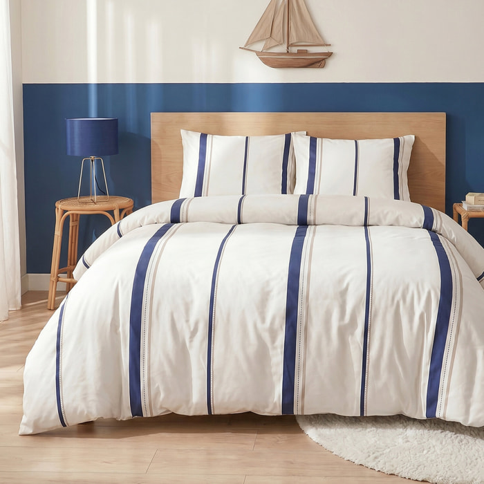 Parure housse de couette 240x220 cm imprimée rayures bleu + 2 taies 100% Coton - LORD