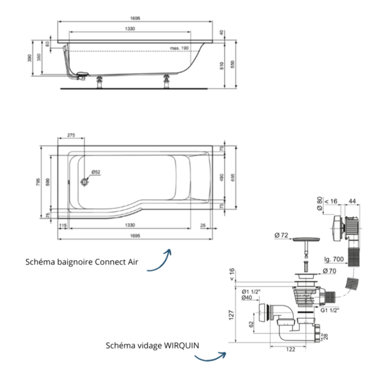 Baignoire bain douche 170 x 80 cm gauche Connect Air + vidage Blanc