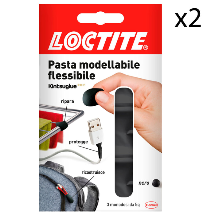 2x Loctite Kintsuglue Pasta Modellabile Flessibile Nera - 2 Confezioni con 3 Applicazioni Monouso