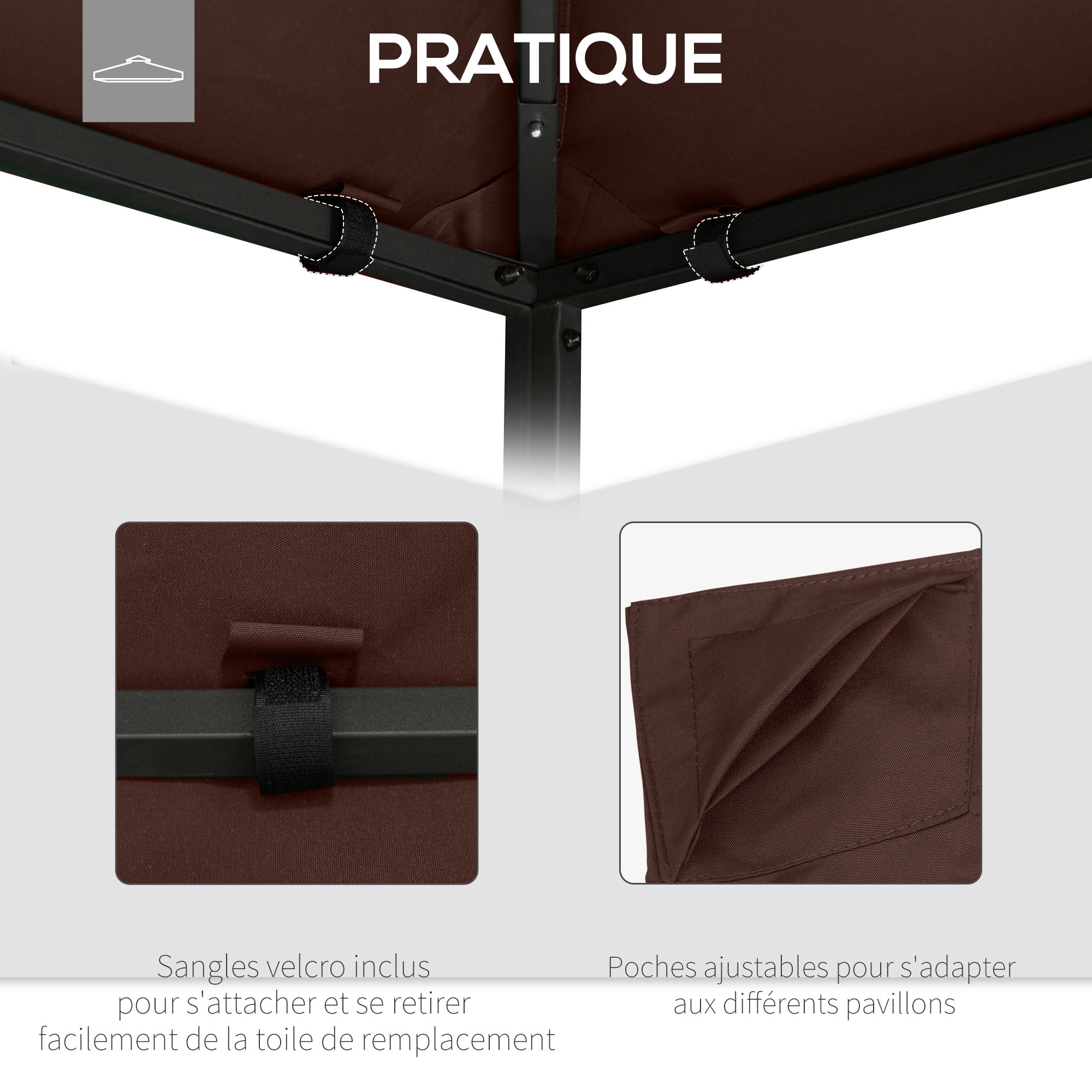 Toile de rechange pour pavillon tonnelle tente 3 x 3 m polyester haute densité 180 g/m² revêtement PA anti-UV chocolat