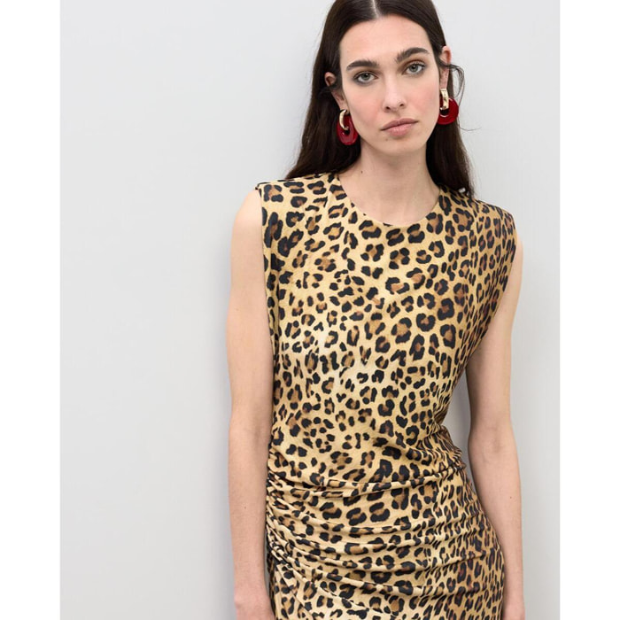 Abito midi aderente con drappeggio in stampa animalier