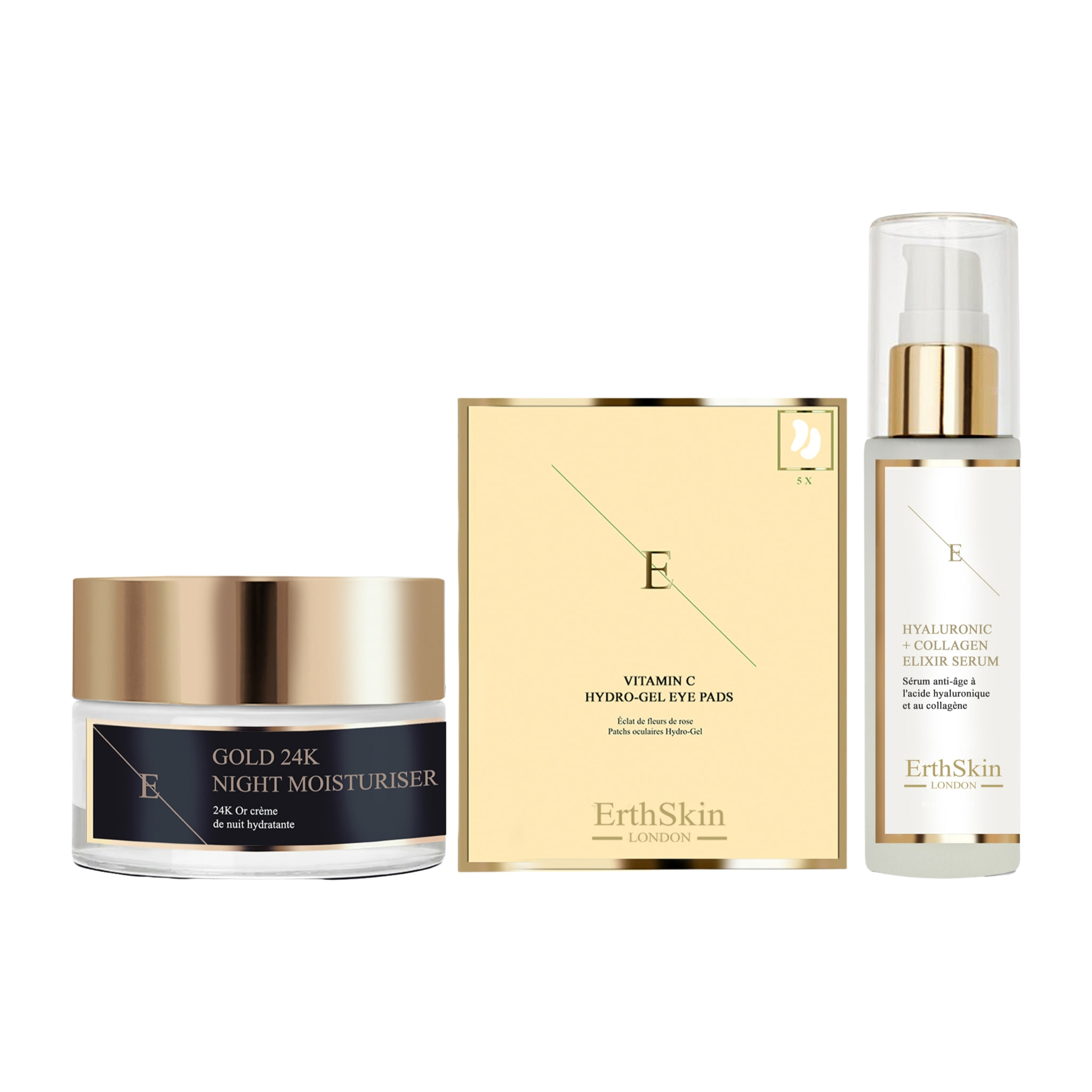 Hidratante de noche antiarrugas + suero + almohadillas para ojos