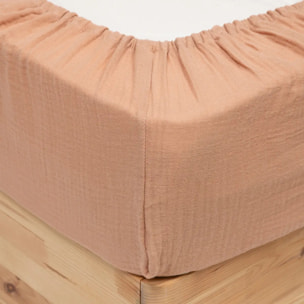 Drap housse "Flora" gaze de coton rose 140x190cm