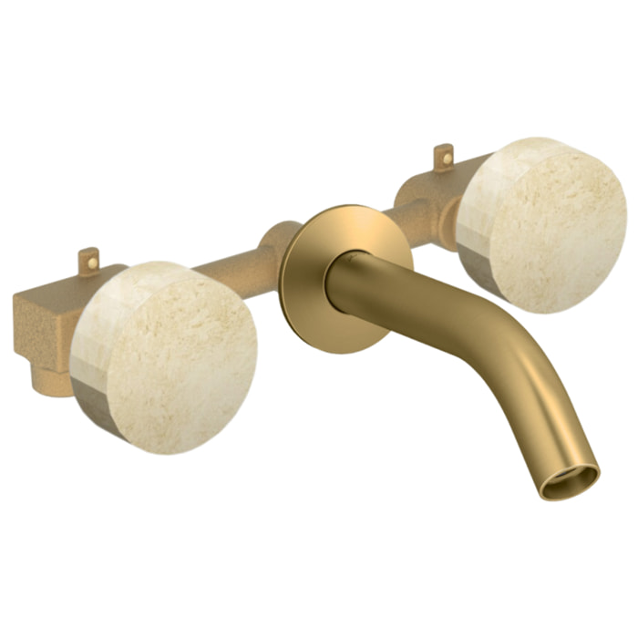 Pack mélangeur lavabo encastré 3 trous Grands Boulevards marbré travertin sable et laiton brossé