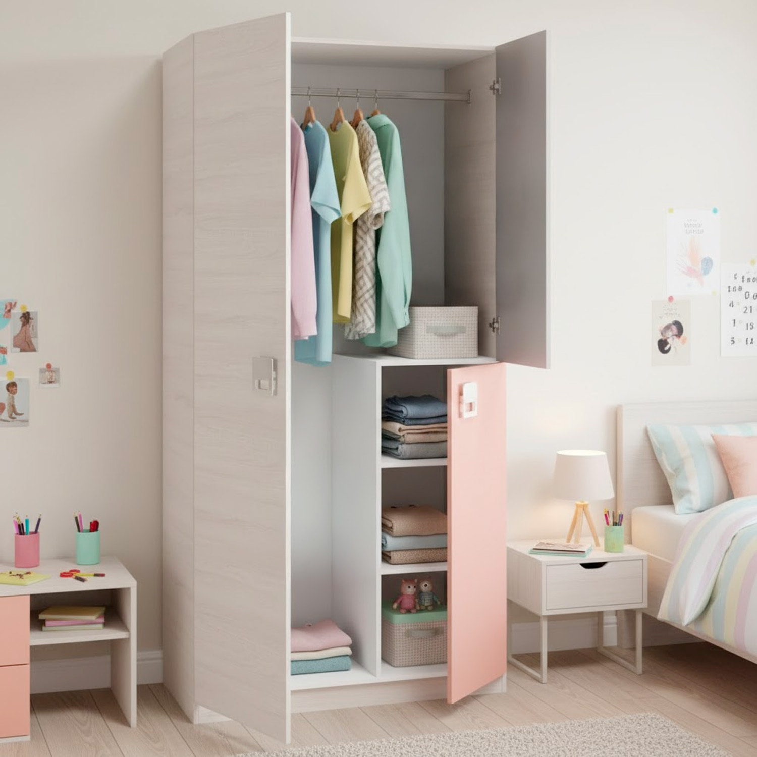 Armadio Giovanile A 3 Ante Armadietto Per Cameretta Ragazzi Con Barra Appendiabiti E 3 Ripiani Mobile Camera 200x52x90 Cm Bianco Alpi, Grigio E Rosa