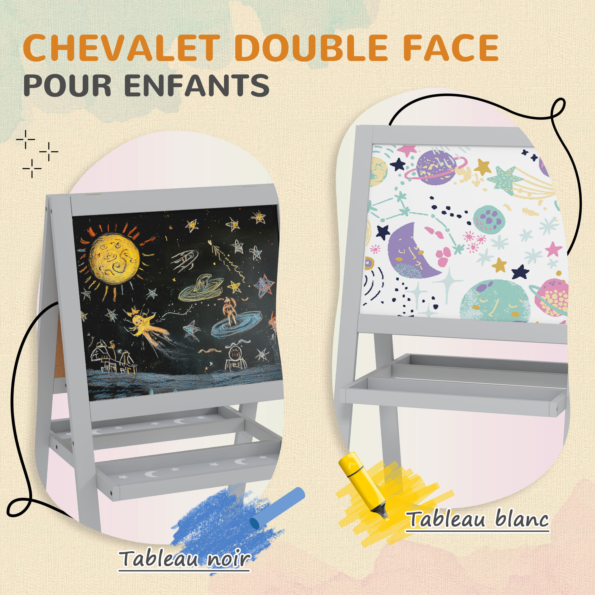 Tableau enfant double face tableau blanc et noir - 2 étagères intégrées - MDF gris