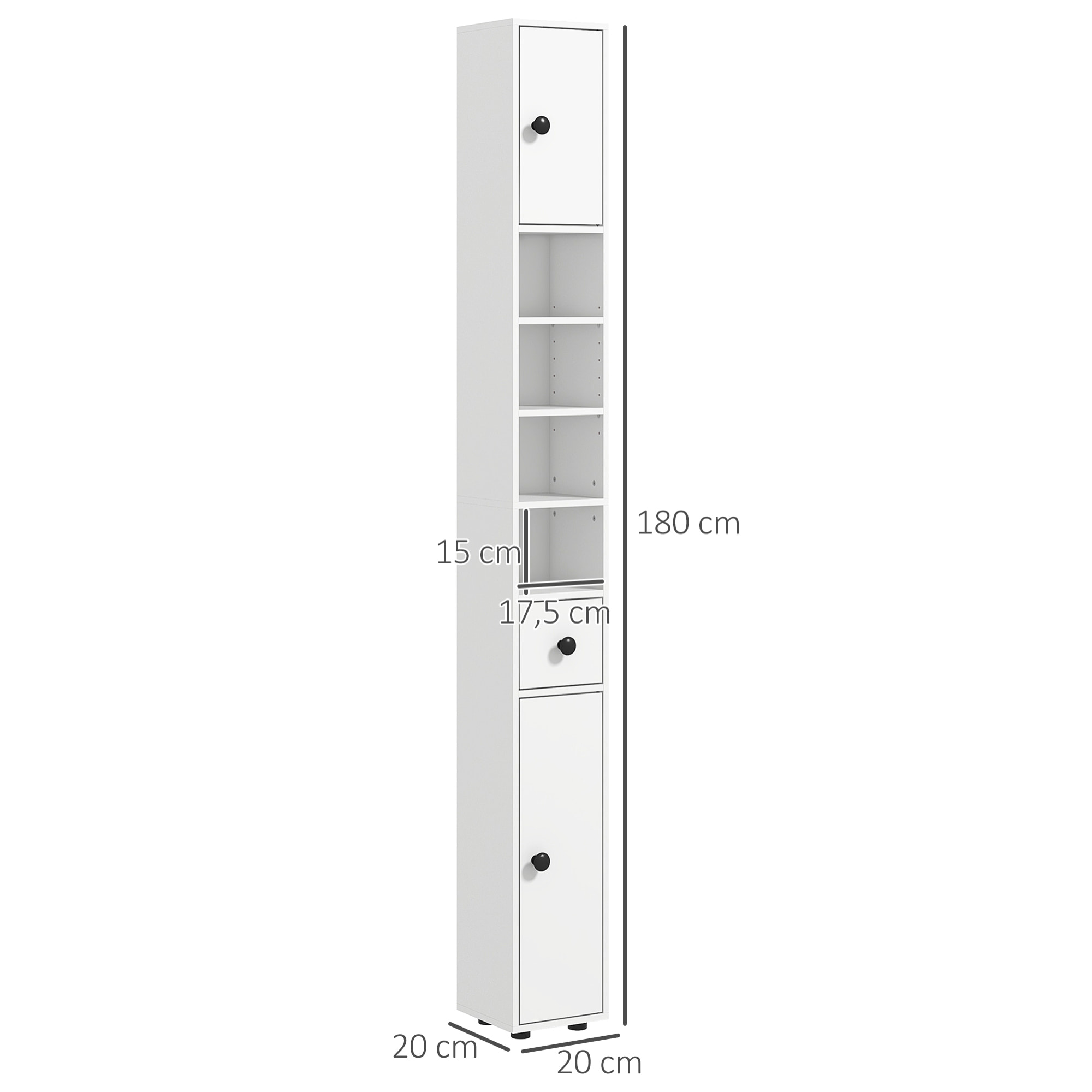 Mueble Auxiliar Baño Moderno Armario Alto de Baño con 1 Cajón 5 Estantes Ajustables y 2 Armarios Mueble de Almacenaje para Salón Dormitorio Carga 30 kg 20x20x180 cm Blanco