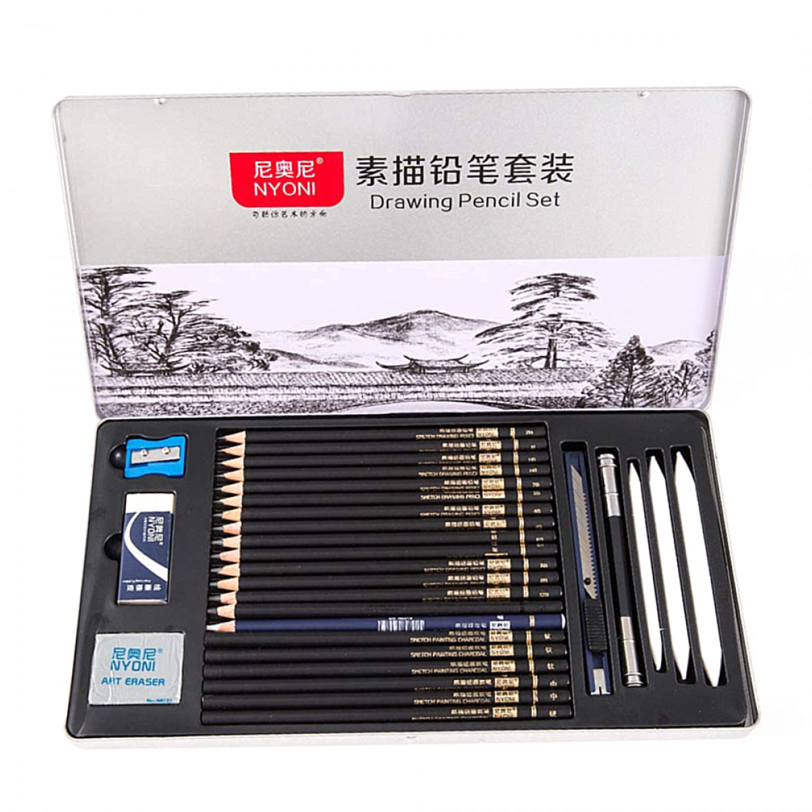 Set Profesional de 29 piezas para diseños profesionales. Se compone de 14 lápices de esbozo de diferentes grosores y durezas (H-14B), 6 lapices de  carbón  y herramientas de dibujo profesional.