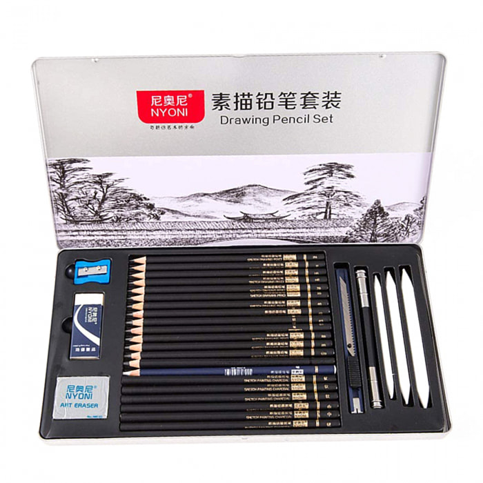 Set Profesional de 29 piezas para diseños profesionales. Se compone de 14 lápices de esbozo de diferentes grosores y durezas (H-14B), 6 lapices de  carbón  y herramientas de dibujo profesional.