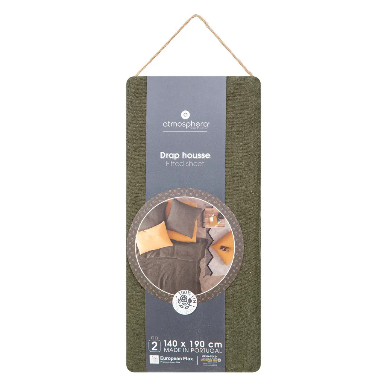 Drap-housse "Linah" - vert kaki - lin lavé 140x190 cm