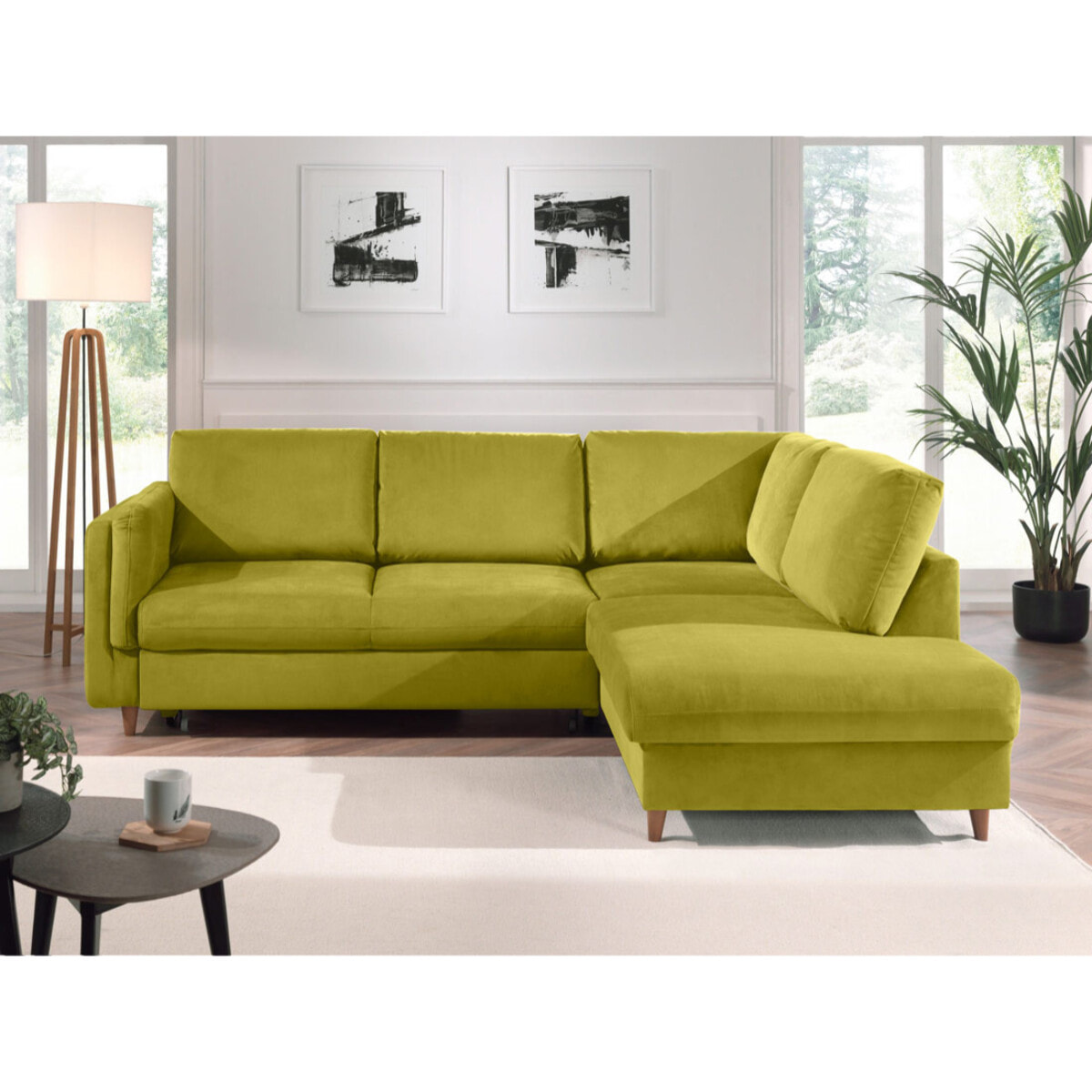 Brooke - canapé d'angle droit - convertible - 5 places - en velours - Vert Olive