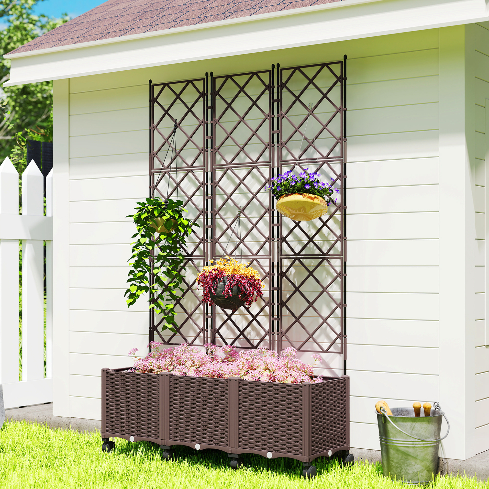 Jardinière avec treillis sur roulettes auto-arrosage PP marron