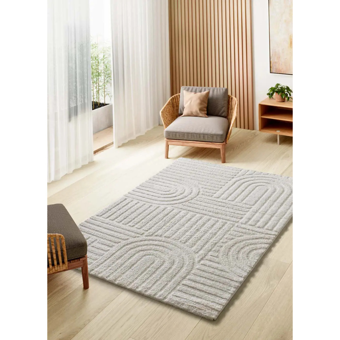 JUNO Alfombra geométrica con relieve blanco, varias medidas disponibles.