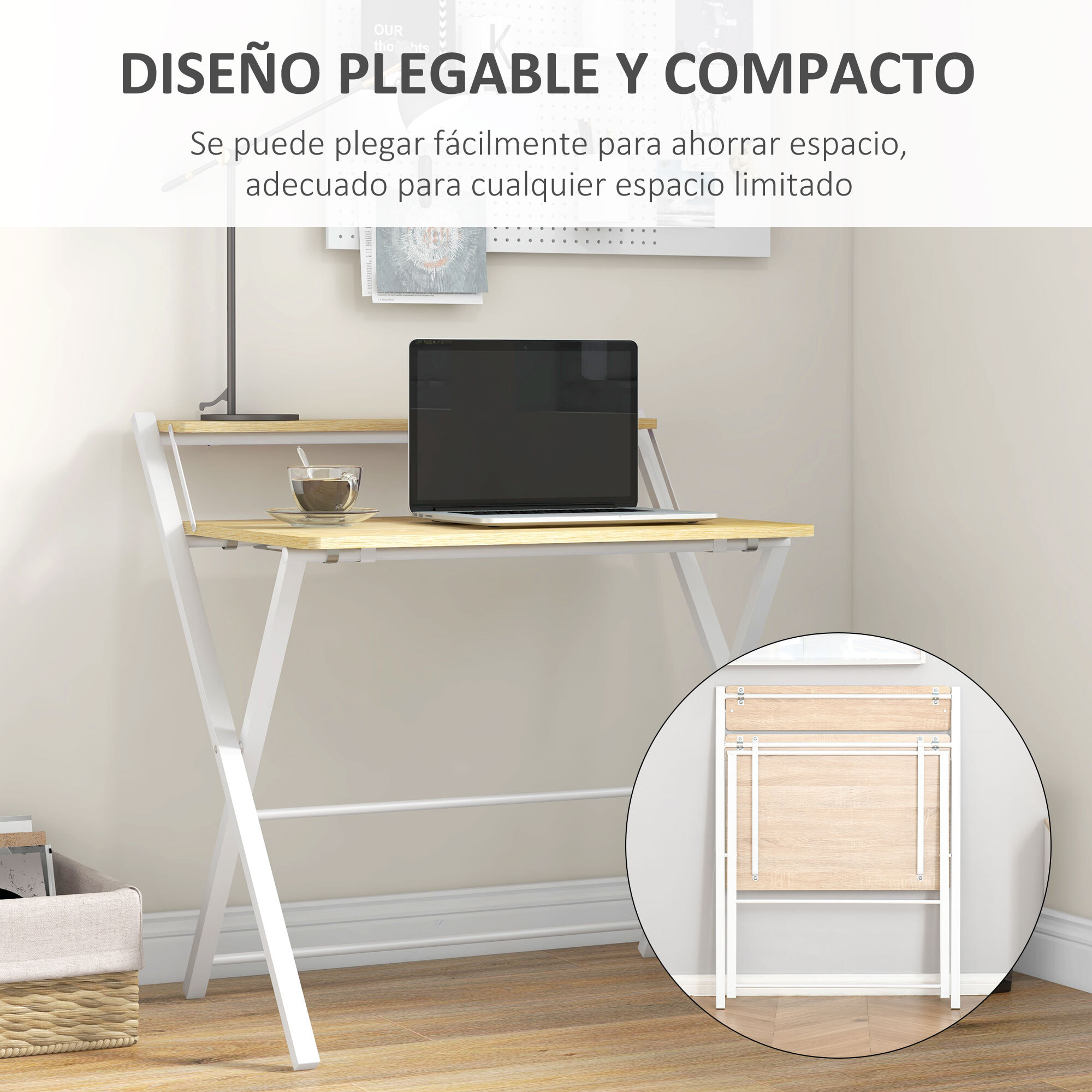 Mesa de Escritorio Plegable Mesa de Estudio con Estante Superior Estilo Moderno para Sala Oficina Dormitorio 81,5x70x84 cm Natural y Blanco