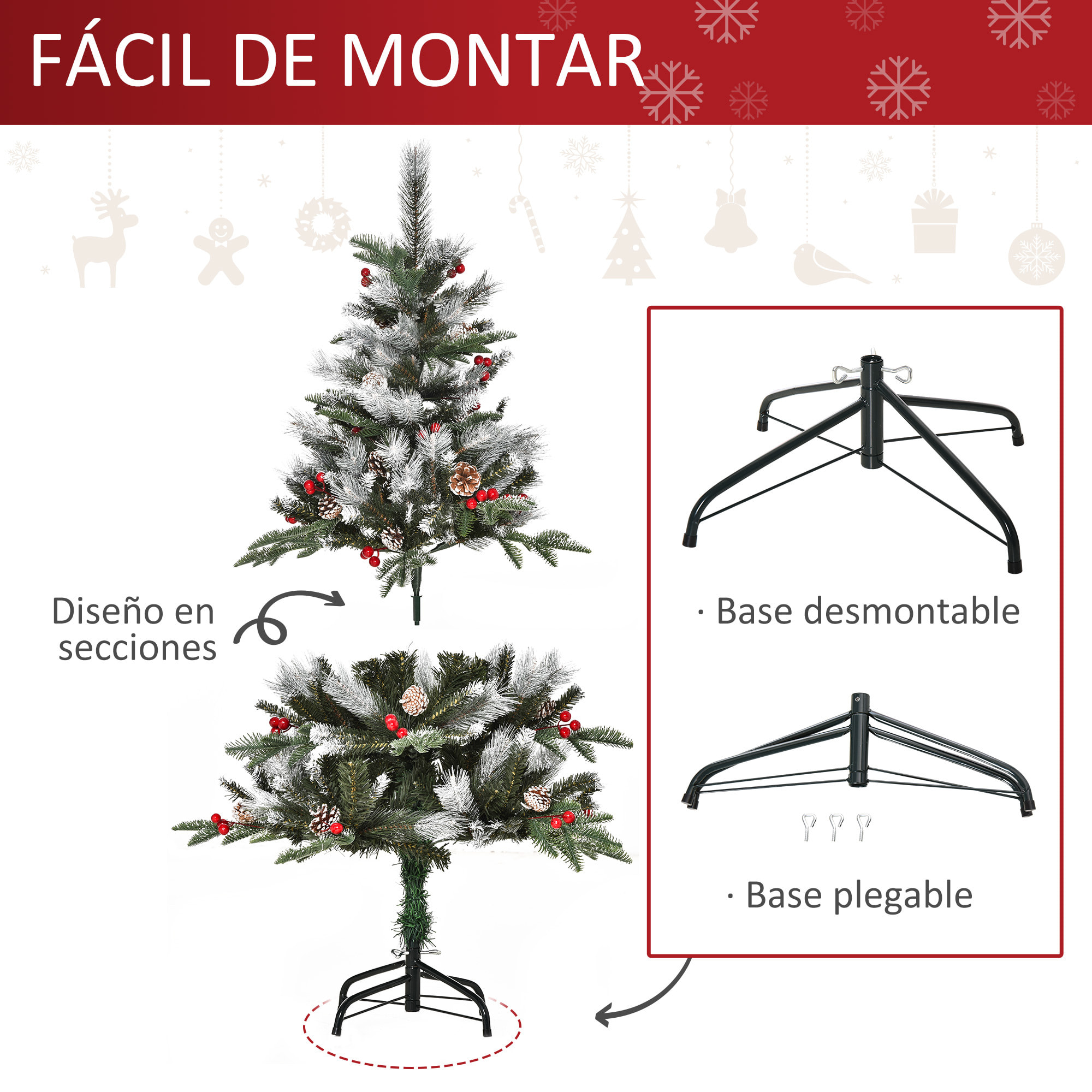 HOMCOM Árbol de Navidad Artificial 120 cm con 266 Ramas 27 Piñas y 27 Bayas Hojas de PVC PE Base Plegable y Soporte Metálico Decoración Navideña para Interiores Verde