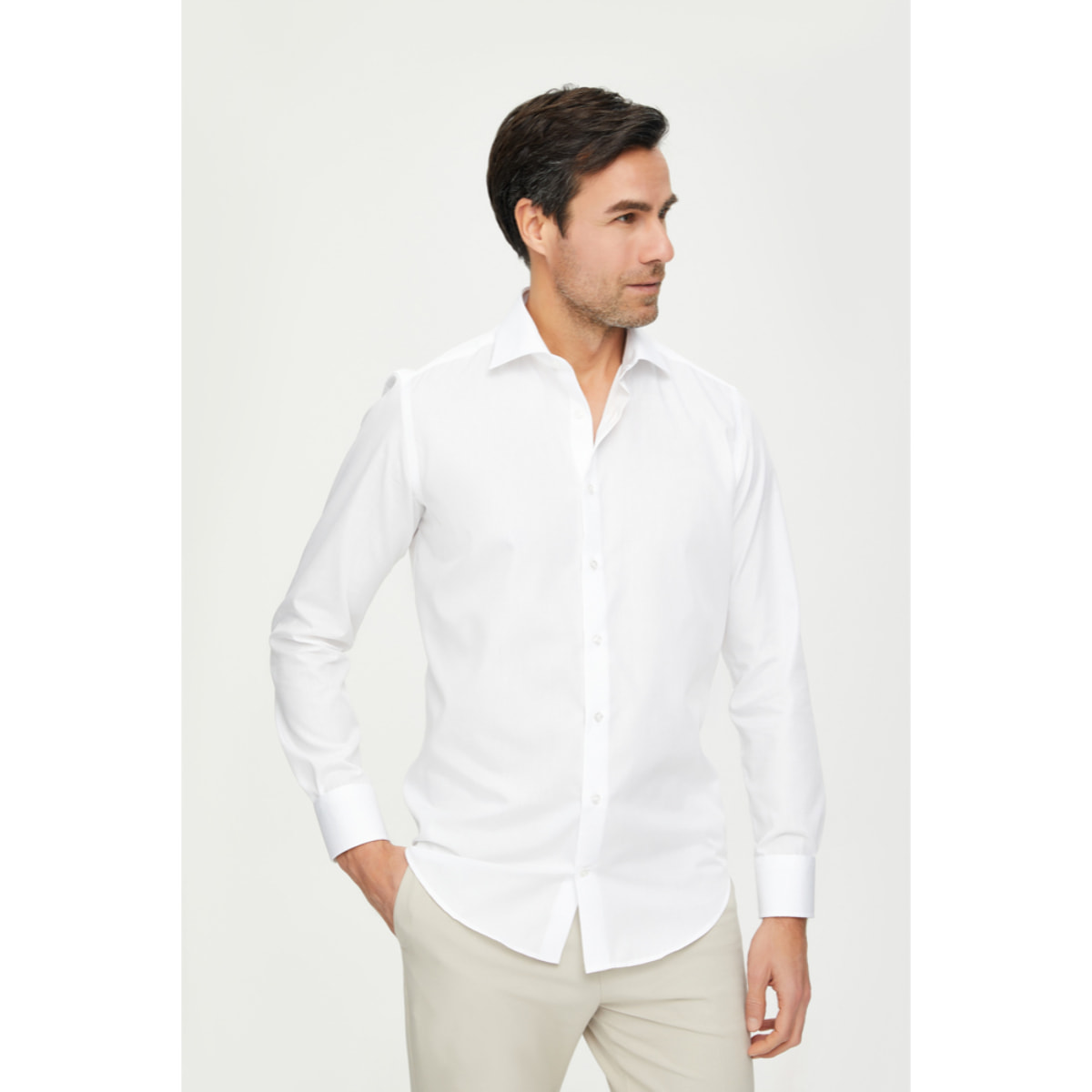 Camicia Uomo 1 Bottone Francese Slim Popeline No Iron Unito Bianco