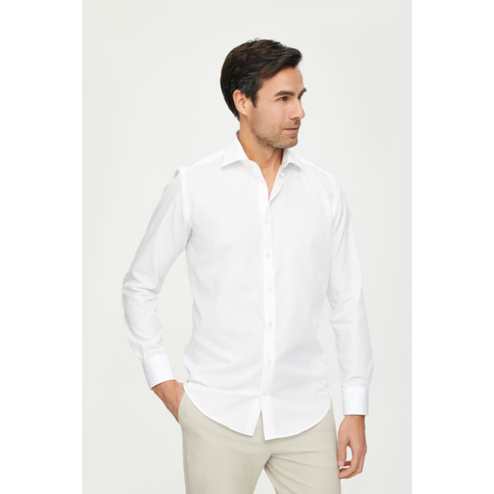 Camicia Uomo 1 Bottone Francese Slim Popeline No Iron Unito Bianco