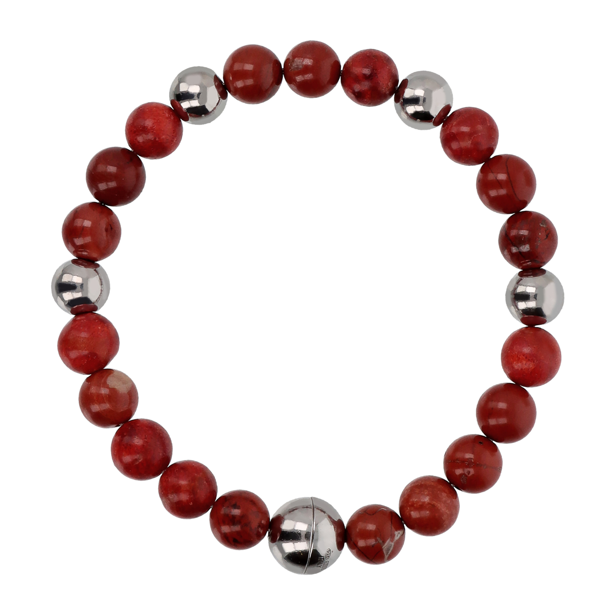 Bracciale di Sfere Argentate e in Pietra Naturale Diaspro Rosso in Argento 925 placcato Rodio