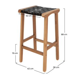 Tabouret pour îlot central 68 cm en teck et cuir tressé noir - Kuna