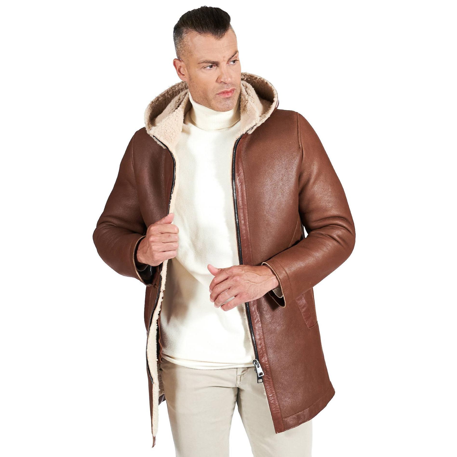 Cappotto montone cuoio Shearling uomo cappuccio staccabile