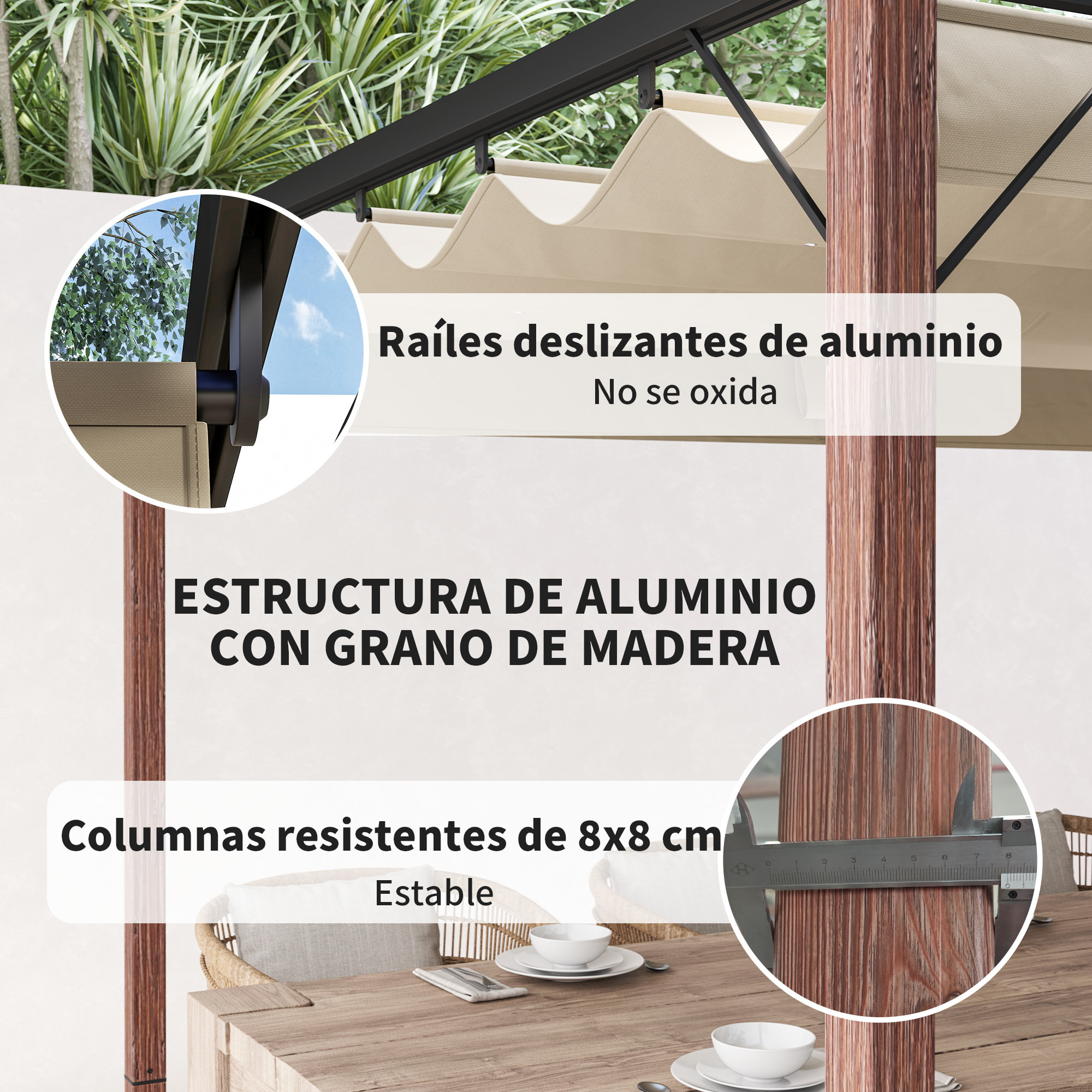 Pérgola con Techo Retráctil Pérgola de Aluminio 4x3 m Cenador con Tela de Poliéster Anti-UV Resistente al Agua Pabellón para Jardín Patio Terraza Exterior Natural y Café