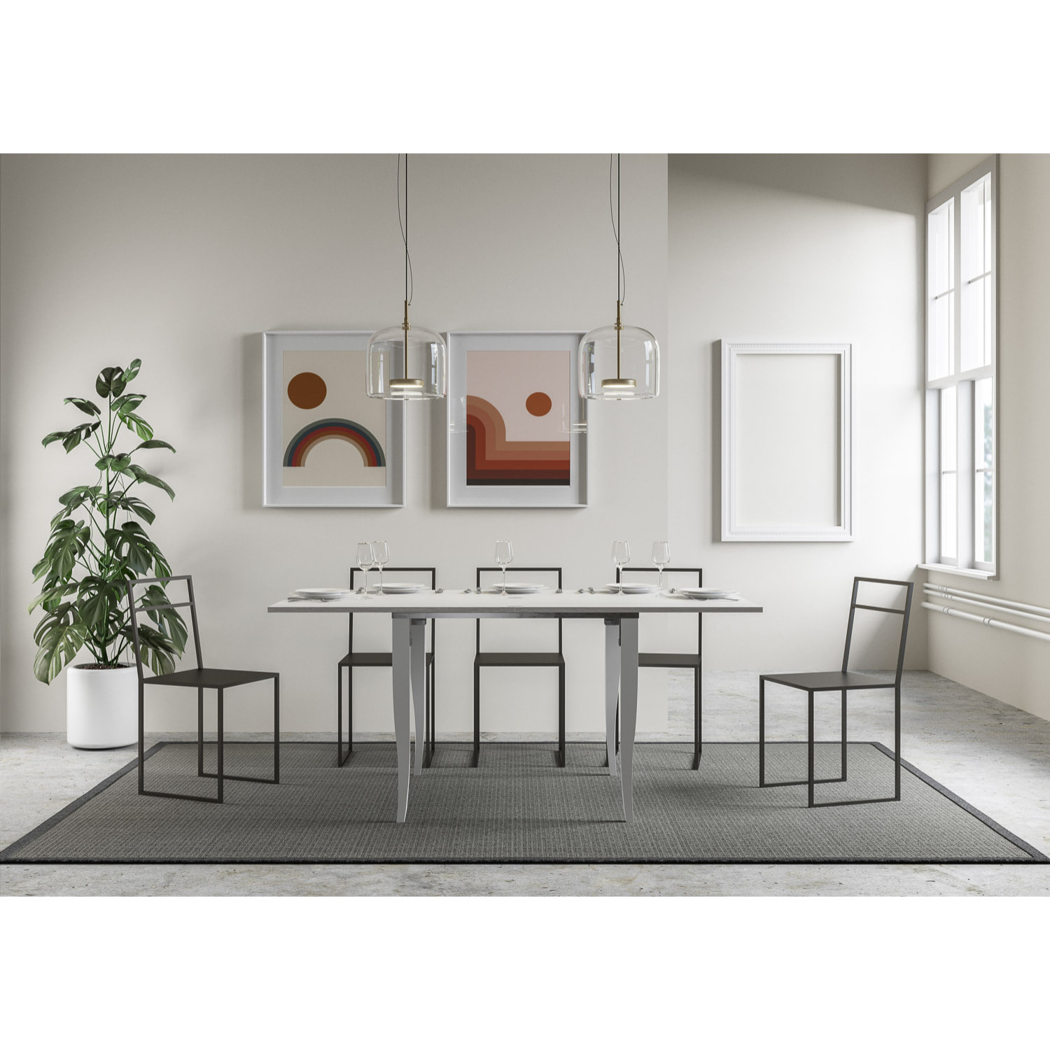 Tavolo Sciabola Libra Bianco Frassino 90x90 Allungato 90x180 telaio grigio 142