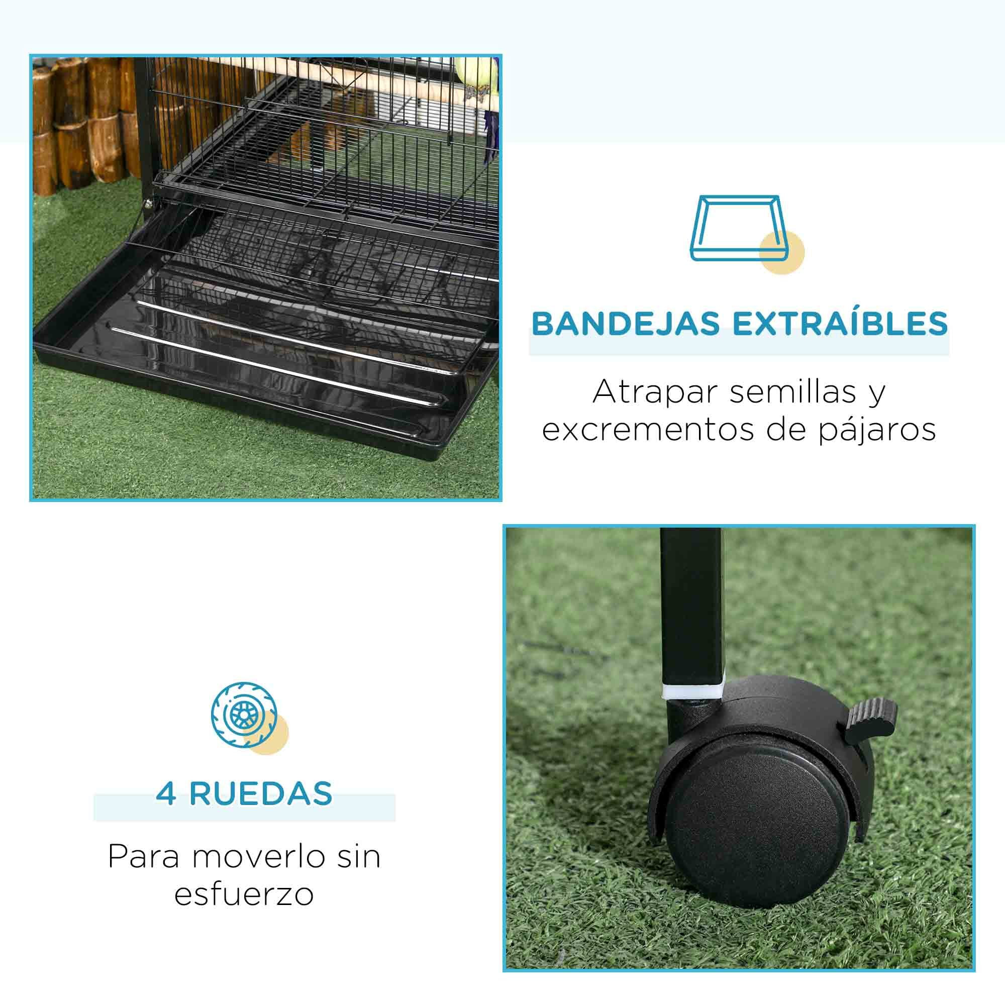 Jaula para Pájaros con Ruedas Jaula Grande de 2 Niveles Pajarera con Bandejas Extraíbles Puertas Comederos Perchas para Canarios Periquitos 51,5x50x140 cm Negro