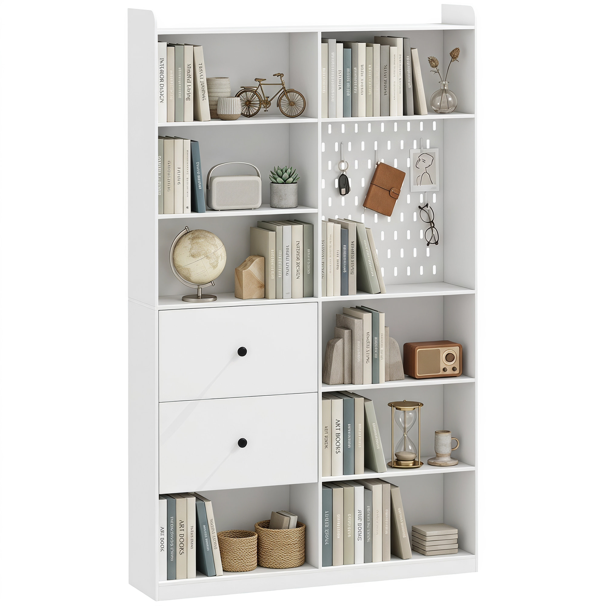 Estantería para Libros Alta y Estrecha, Librería de 6 Niveles con Panel Perforado, 2 Cajones, 8 Compartimentos Abiertos, Armario para Salón, Estudio, Oficina, 120x30x200 cm, Blanco