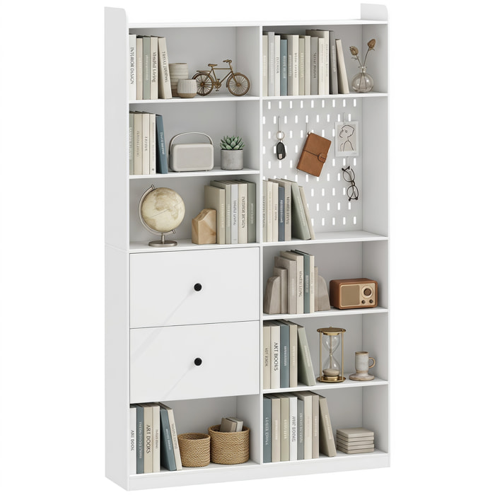 Estantería para Libros Alta y Estrecha, Librería de 6 Niveles con Panel Perforado, 2 Cajones, 8 Compartimentos Abiertos, Armario para Salón, Estudio, Oficina, 120x30x200 cm, Blanco