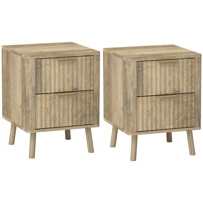Lot de 2 chevets tables de nuit 2 tiroirs cannelés poignées métal doré effet bois