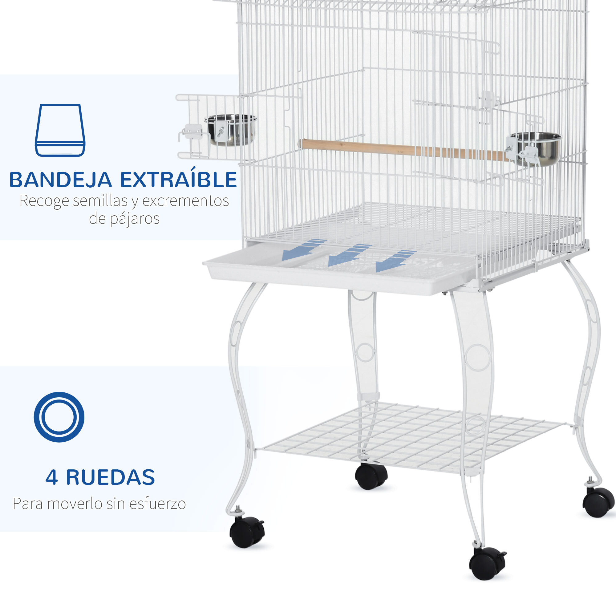 Jaula para Pájaros con Ruedas 50x49x137cm con Bandeja Extraíble Comederos Blanco