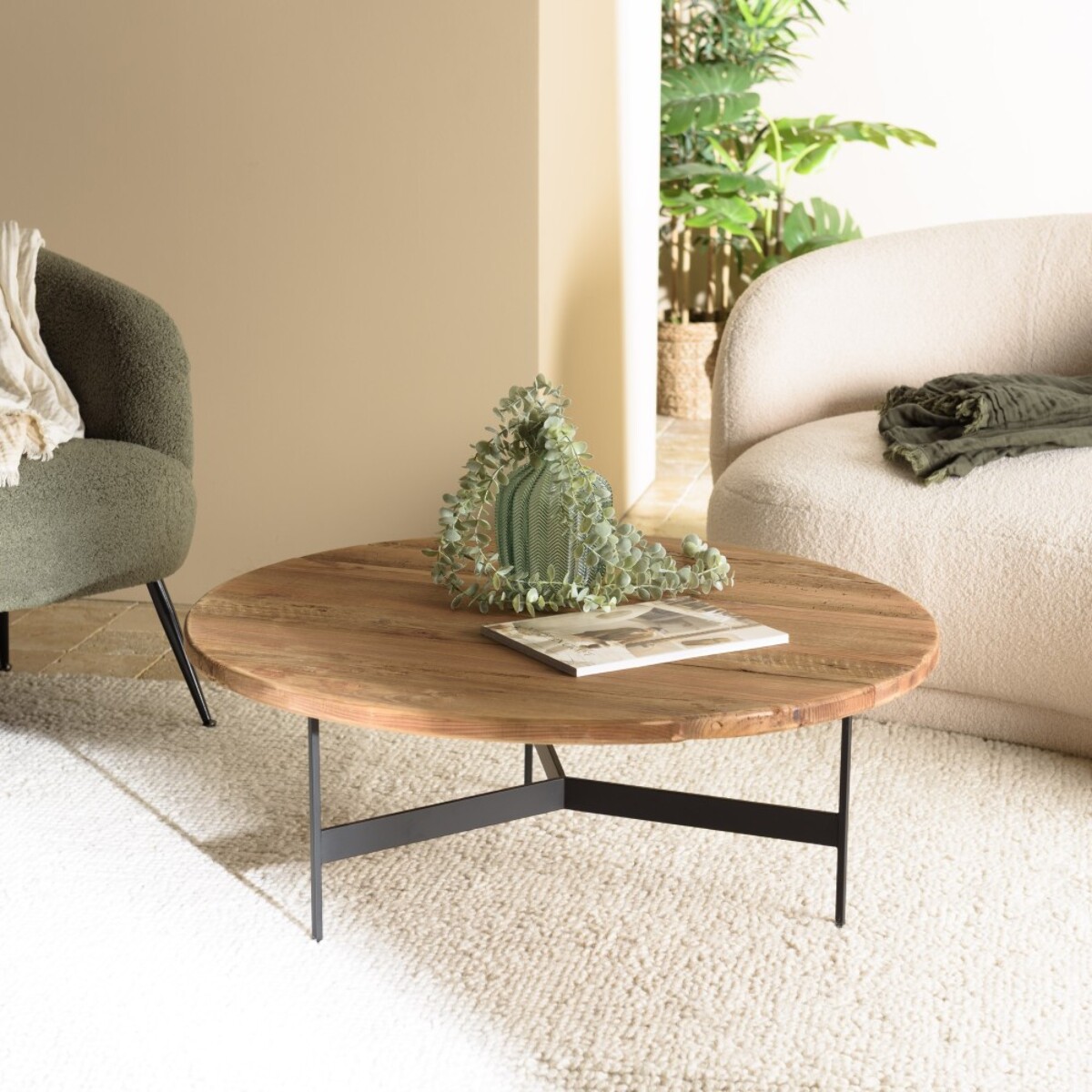 DANDY - Table basse ronde 90x90cm bois Pin recyclé et pieds métal noir