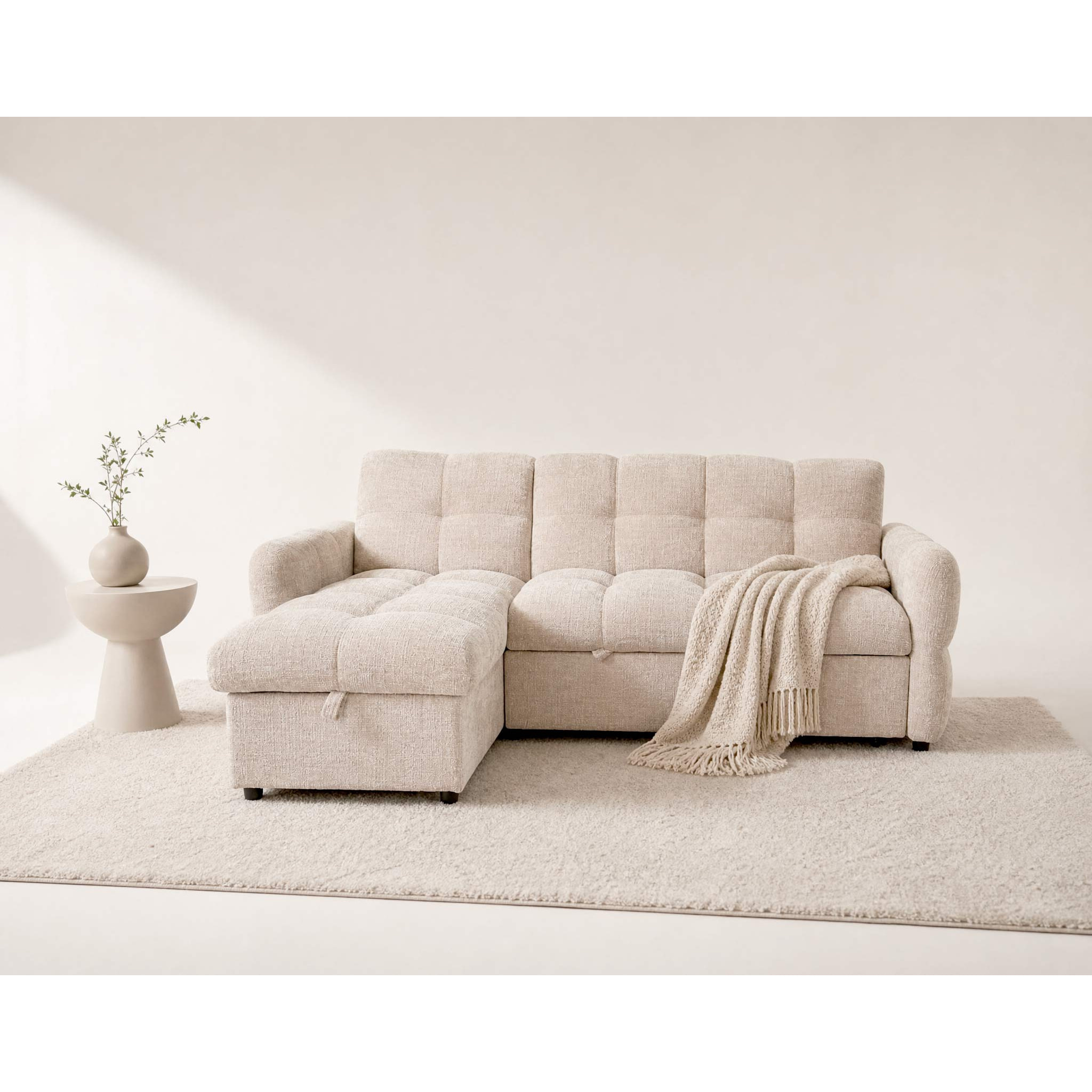Octave - Canapé d'angle réversible 4 places convertible avec coffre en velours texturé - Beige