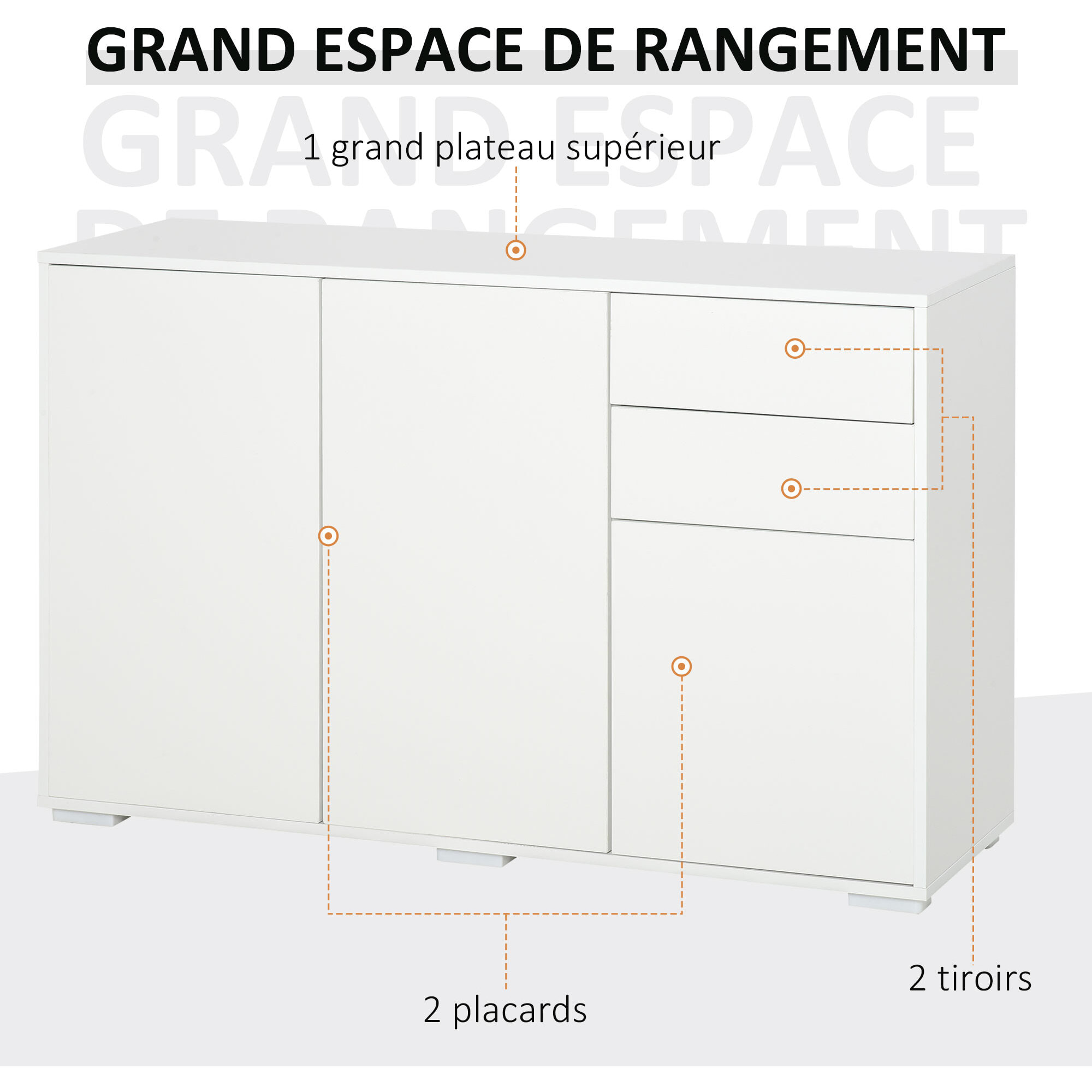 Commode buffet de rangement 2 tiroirs coulissants 3 portes étagère réglable panneaux de particules 117 x 36 x 74 cm blanc