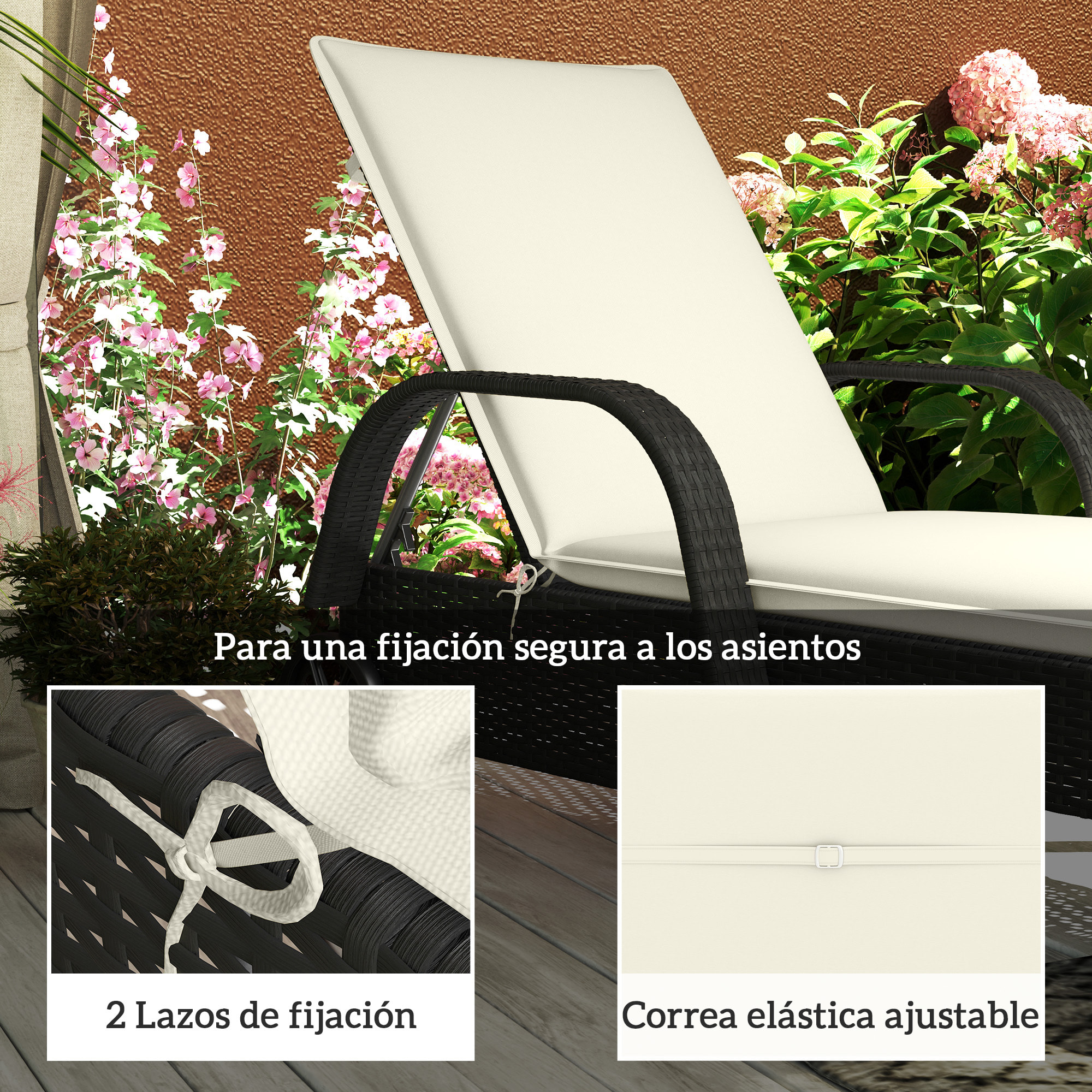 Pack 2 Cojines para Tumbonas Plegables Colchonetas para Tumbonas de Jardín Exterior 193x58x6 cm con Correas de Sujeción Protección UV Resistente a Salpicaduras Crema