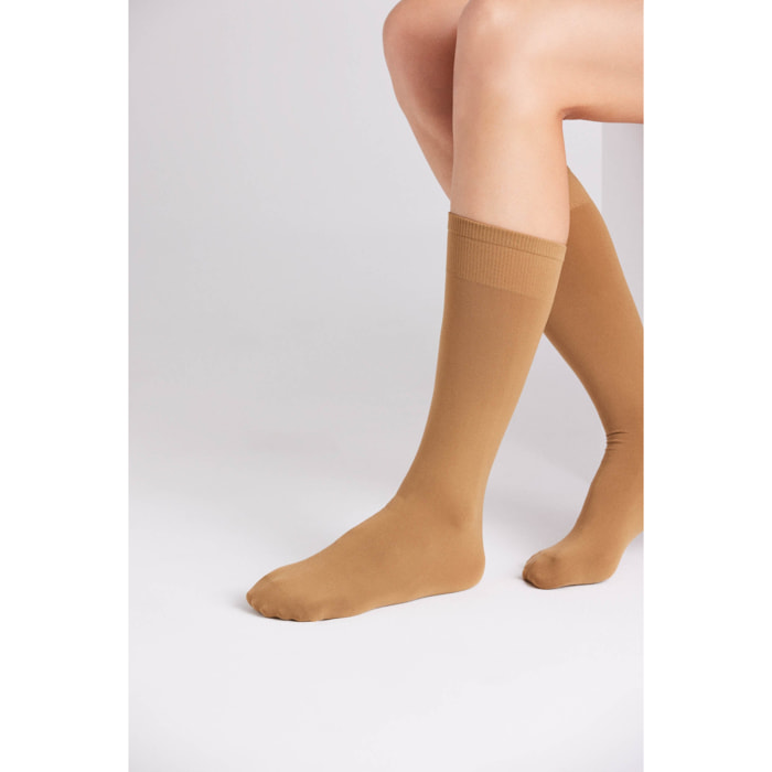 Confezione da 2 calze lunghe con polsino antipressione, 70 denari, beige