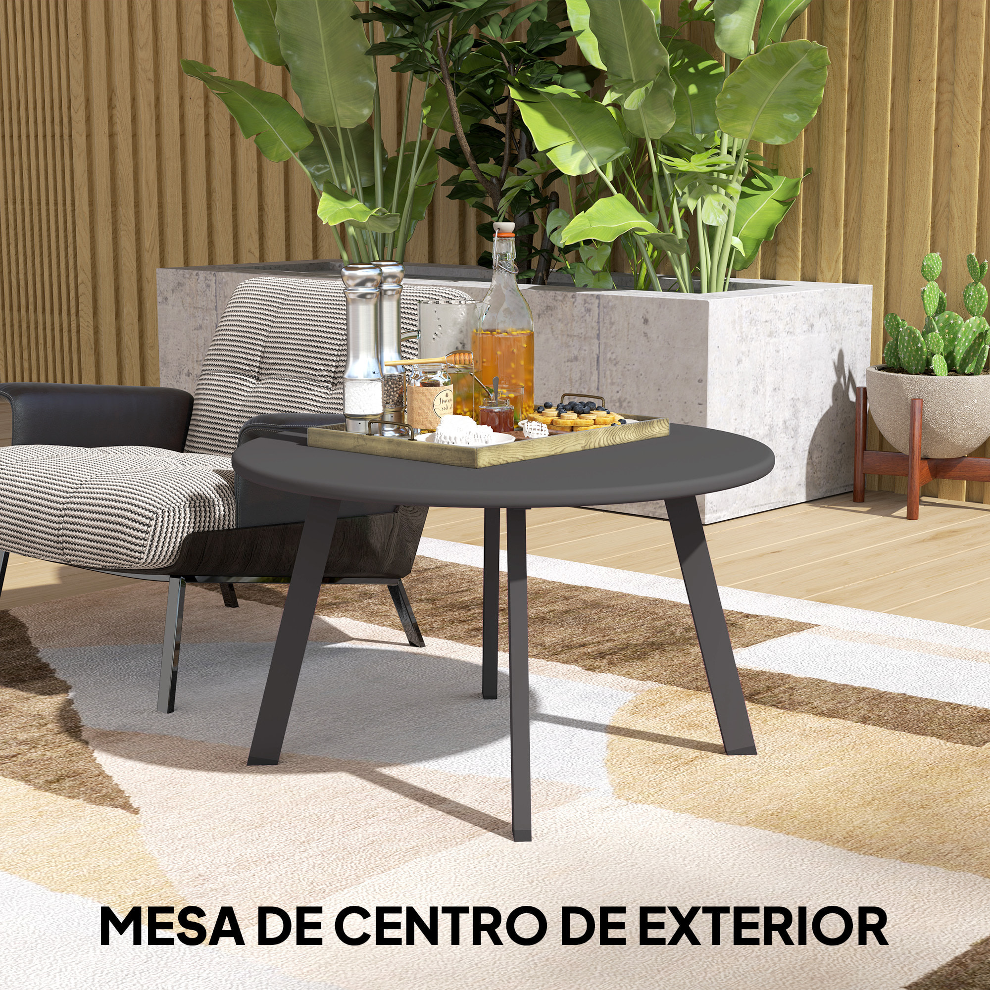Mesa de Centro de Jardín Redonda de Metal Mesa Auxiliar con Bordes Redondeados Patas Antideslizantes Mesa de Café para Patio Balcón Salón Negro