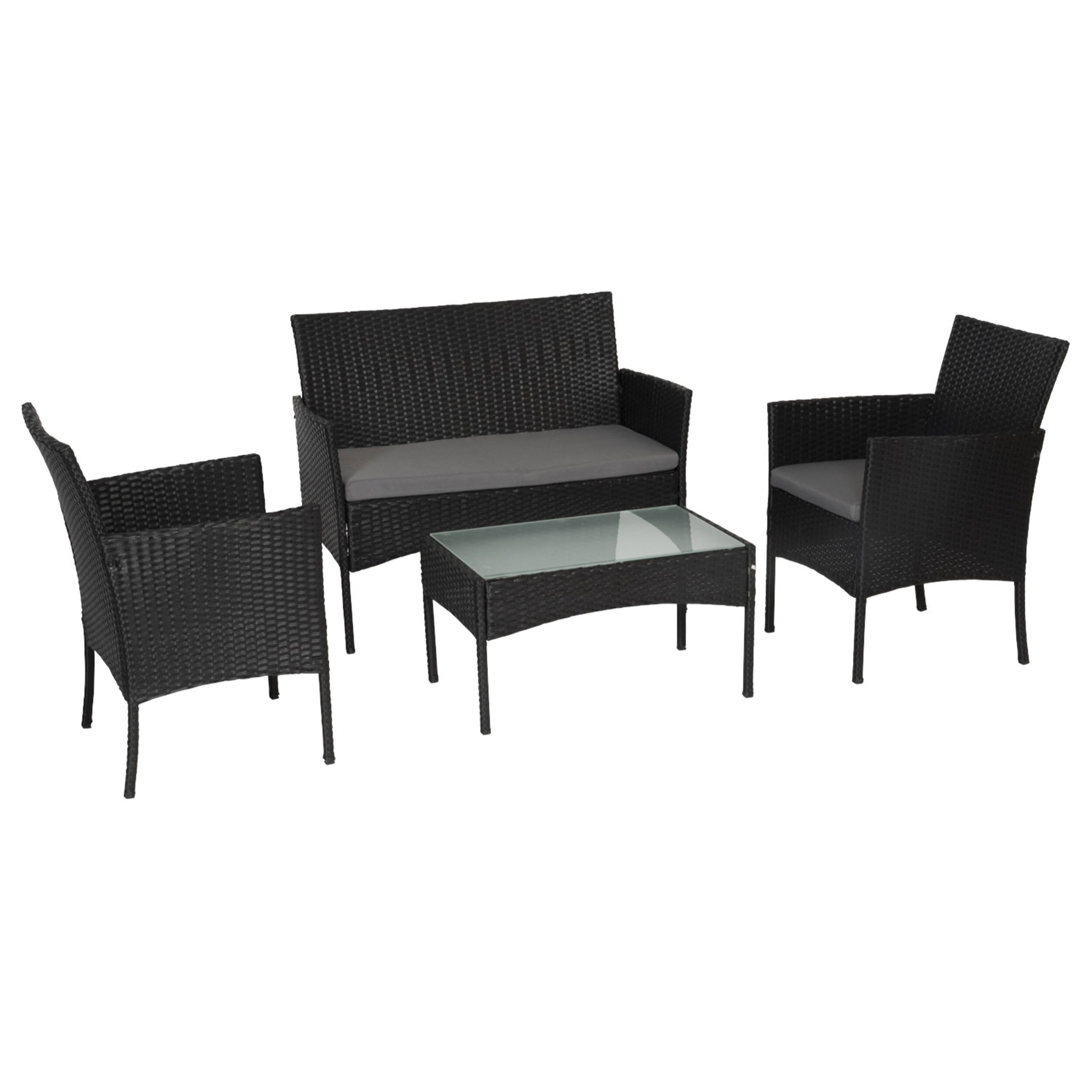 Salon de jardin CORDOUE en résine tressée noire 4 places - coussins gris