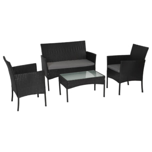 Salon de jardin CORDOUE en résine tressée noire 4 places - coussins gris