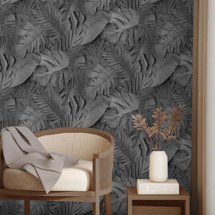Papier peint feuillage tropical noir et blanc