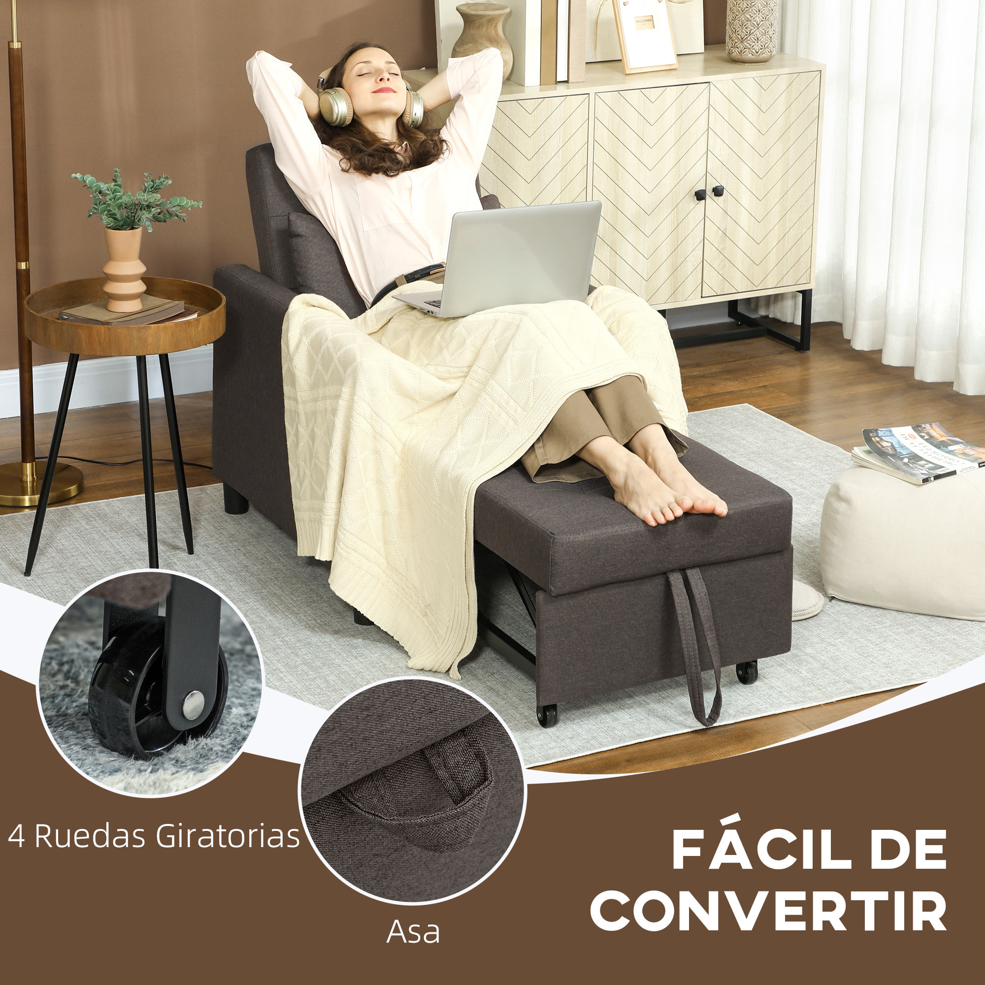 Sofá Cama de 1 Plaza 3 en 1, Sillón Cama Tapizado en Lino, con Respaldo Ajustable de 3 Niveles, Almohada Acolchada, para Oficina, Dormitorio, Salón, 69x82,5x84 cm, Marrón Oscuro