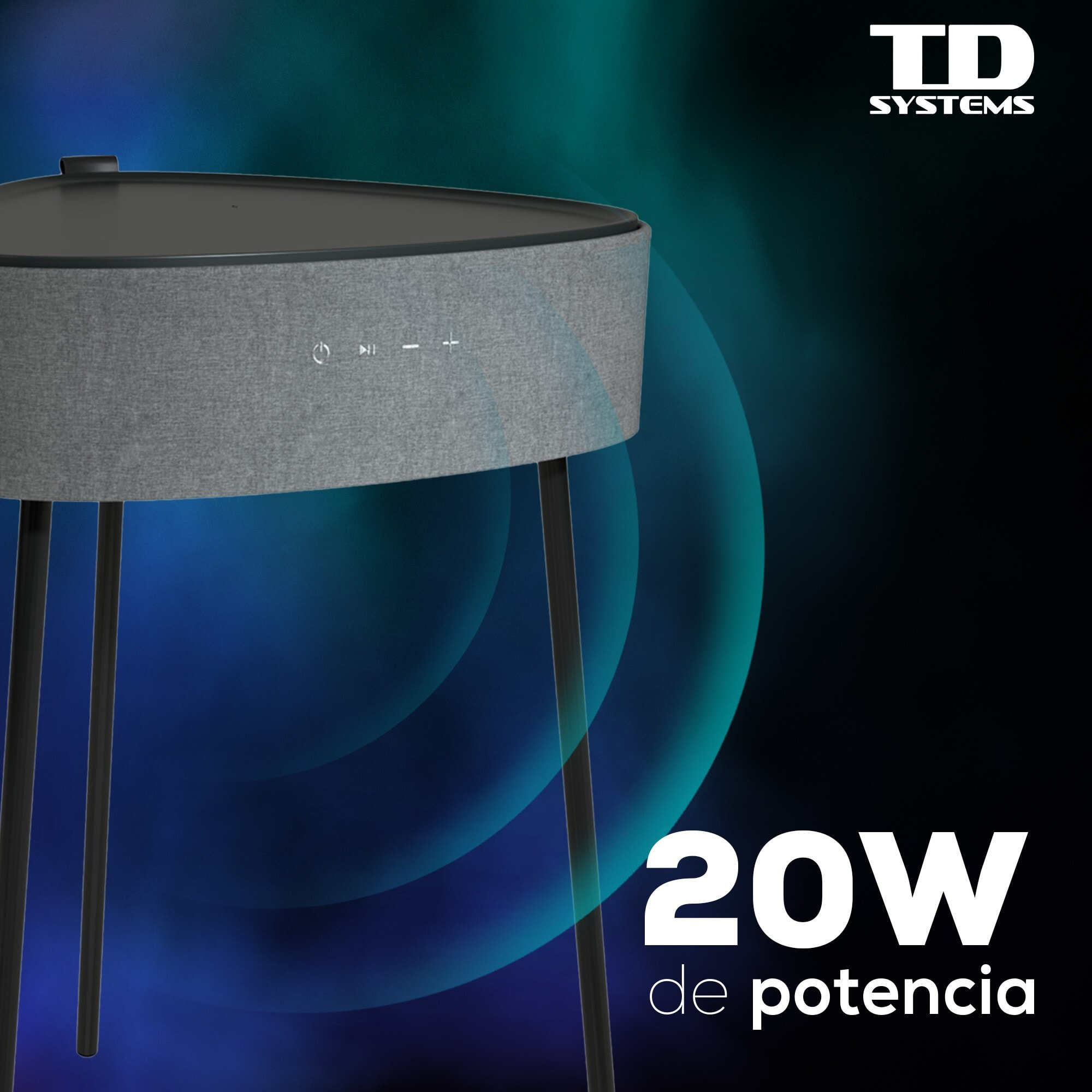 Mesa auxiliar altavoz portátil con sonido de 20W, Bluetooth, Base de carga inalámbrica, batería de 2500mAh. Mesilla o mesita para dormitorio o sala de estar - TD Systems SM20B11P