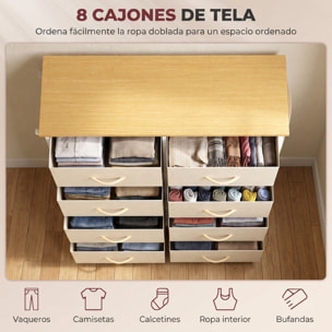 Cajonera de Tela Alta Cómoda con 8 Cajones 4 Bolsillos Laterales 2 Ganchos y Estructura de Acero Cómoda para Dormitorio Sala de Estar Pasillo Beige